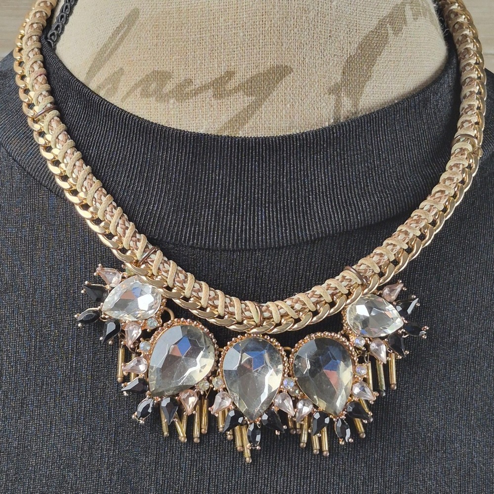 Statement Bib Necklace Women OS Gold Grey Crystal Excellent Fringe